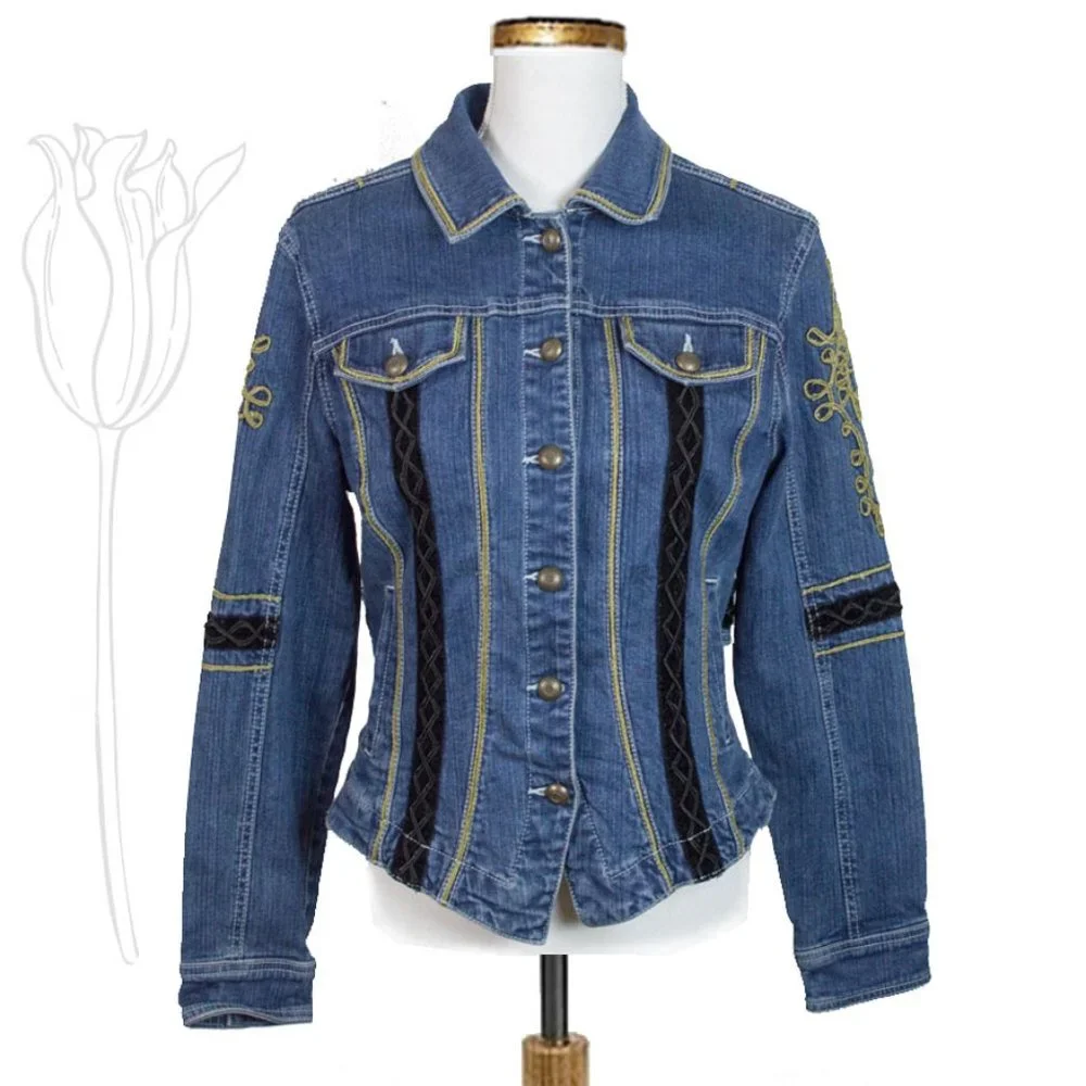 LIVE A LITTLE Blue Embroidery Embellished Long Sleeve Jean Jacket M - Picture 2 of 13